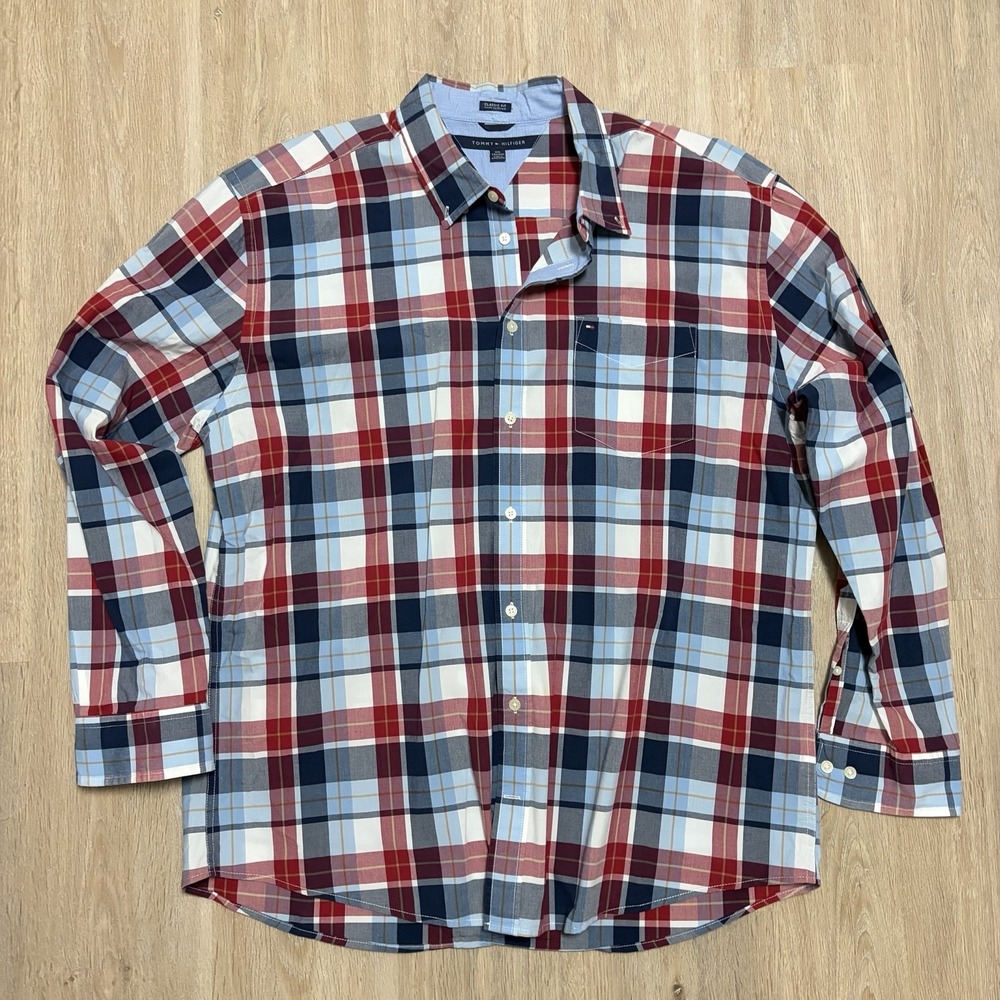 Tommy Hilfiger Mens XXL Classic Fit Plaid Shirt 100% Cotton Red Blue Button Down
